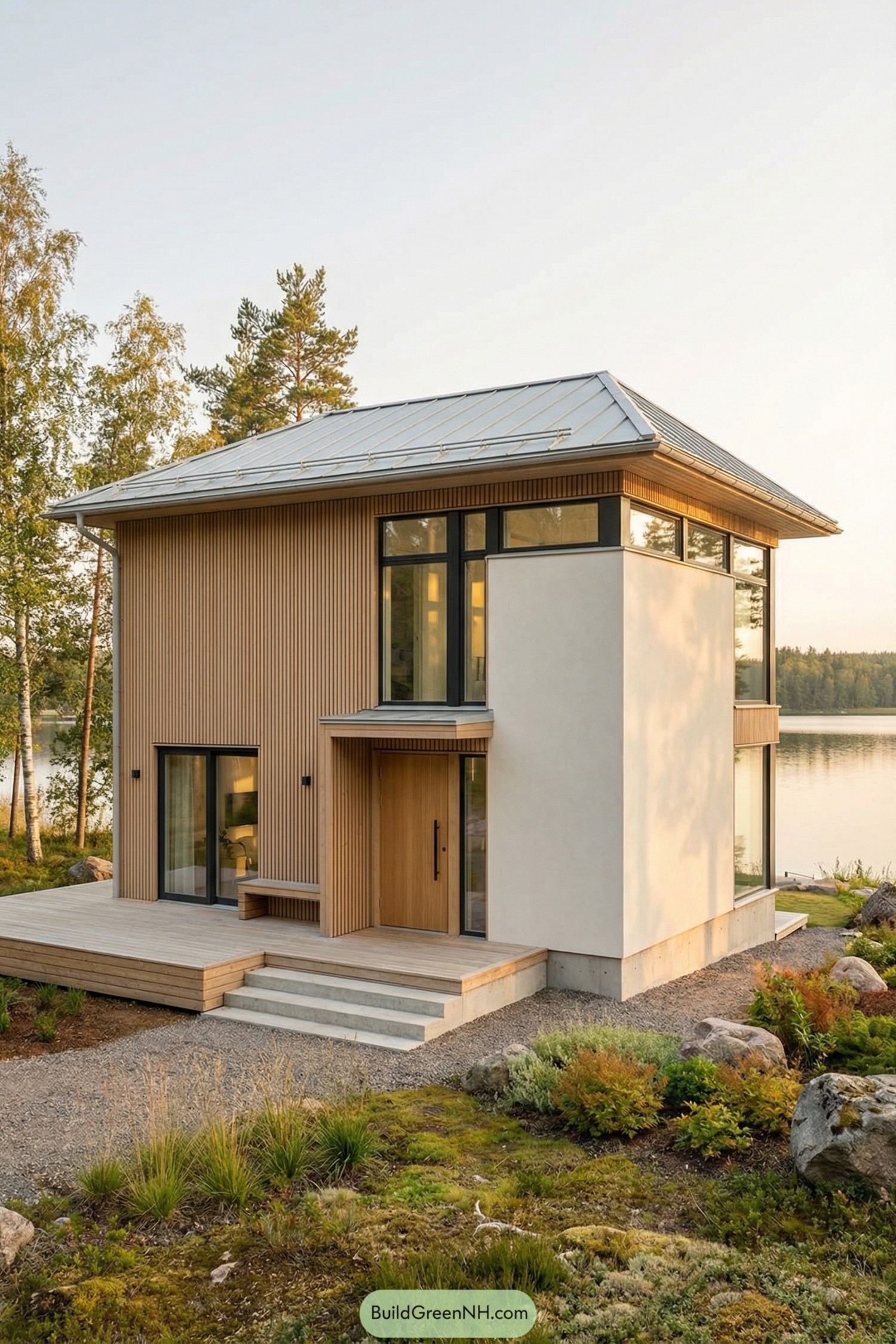 Warm wood clad lakeside Scandinavian house with large windows and simple metal roof