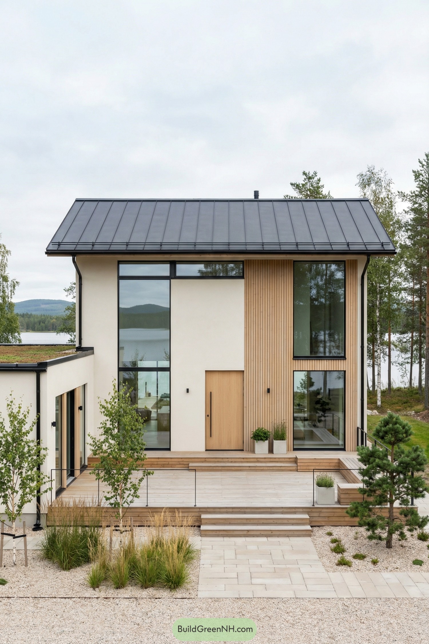 Two-story Scandinavian house with tall windows and lake backdrop