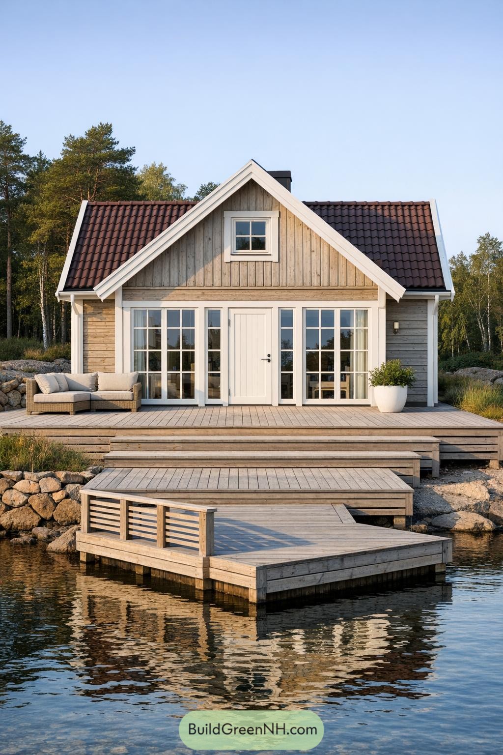 high-res photo of scandinavian summer house, compact gable-front facade with simple symmetrical lines in classic nordic cottage style, exterior in light weathered natural wood cladding with white painted trim and structural posts, rectangular one-story volume with steep front gable and small attic dormer window, facade materials mainly horizontal timber boards with some vertical white paneling around openings, roofing with dark red-brown clay or concrete tiles and slim white eaves, large front windows as full-height white-framed glass doors with divided panes and matching sidelights, small square attic window with white frame and grid muntins centered in the gable, simple white single entrance door integrated in the glazed front with vertical panel detail, generous wooden terrace in pale greyed decking extending across the full width of the house and stepping down in broad platforms toward the water, integrated wooden dock structure with horizontal slatted balustrades and right-angled edges surrounding the shoreline, minimal outdoor furniture including a light-colored sofa on the terrace and a large white planter, landscaping with low stone retaining wall to one side and sparse coastal vegetation with grasses and shrubs, surrounding environment of rocky shoreline and dense mature trees in the background, calm reflective water in the foreground, warm low-angle sunlight from the side creating soft shadows and highlighting wood texture, clear sky and tranquil lakeside setting, real-life photo, high-resolution, architectural photography, soft lighting, cinematic composition.