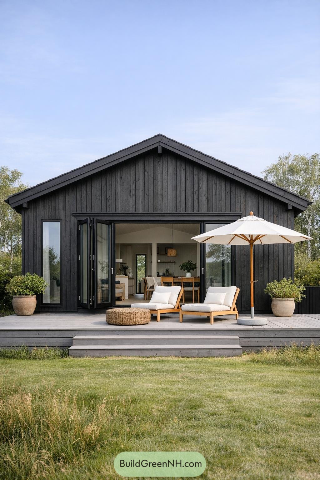 Black-clad gable cabin with folding glass wall opening to a deck with loungers and umbrella