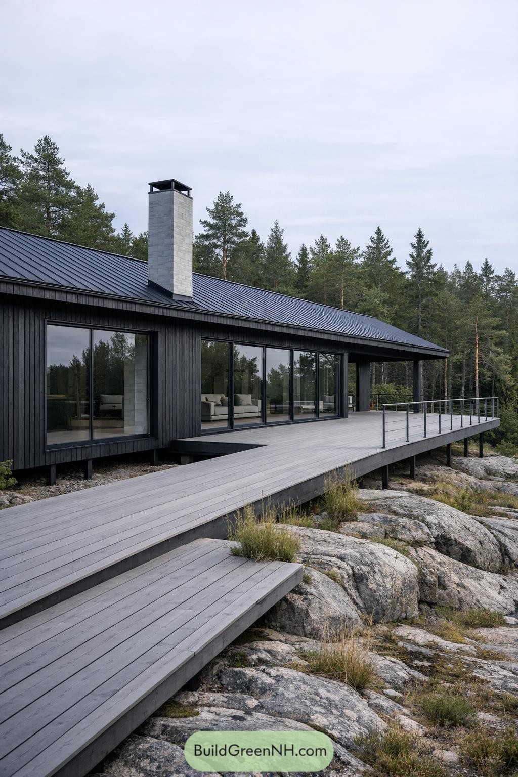 Dark timber cabin with long deck over rocky terrain and forest backdrop