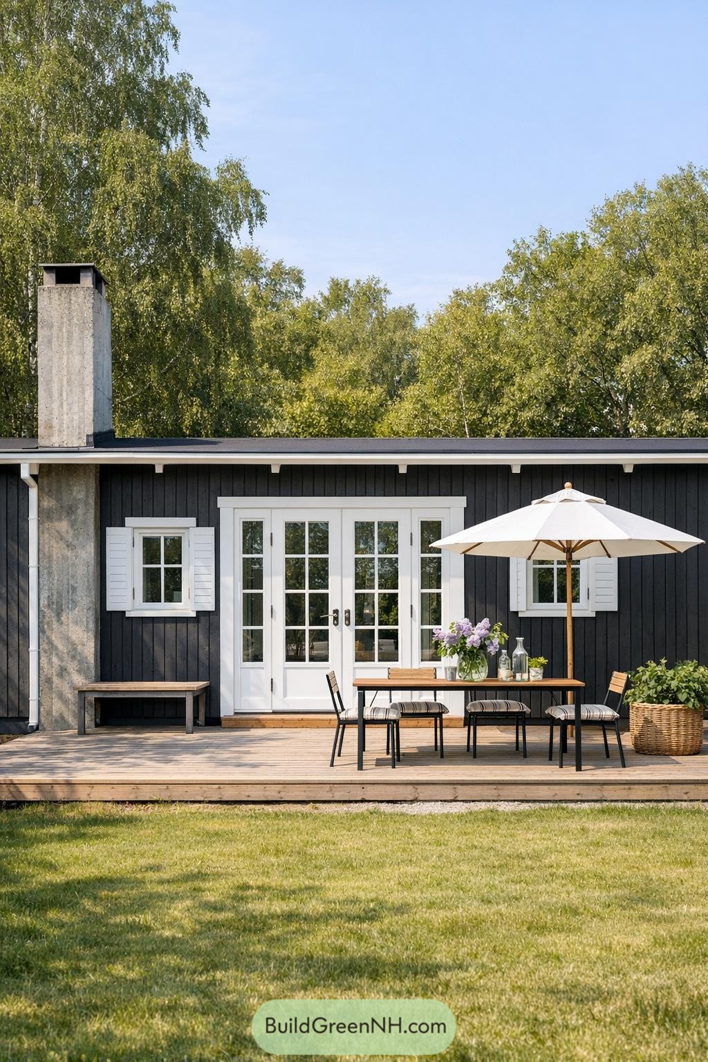 Black timber cottage with white doors opening to a wooden deck dining area