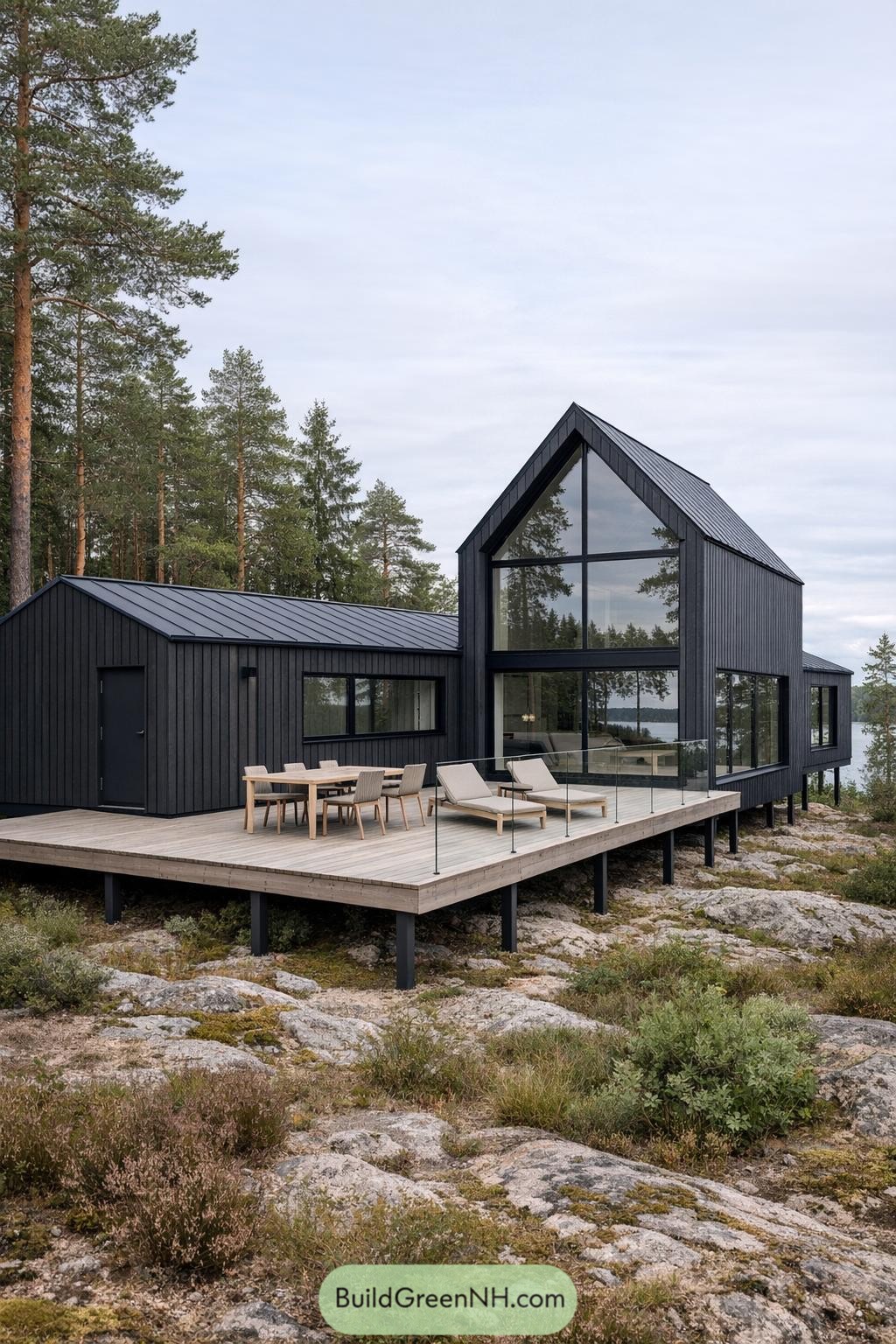 Black-clad modern cabin on raised deck