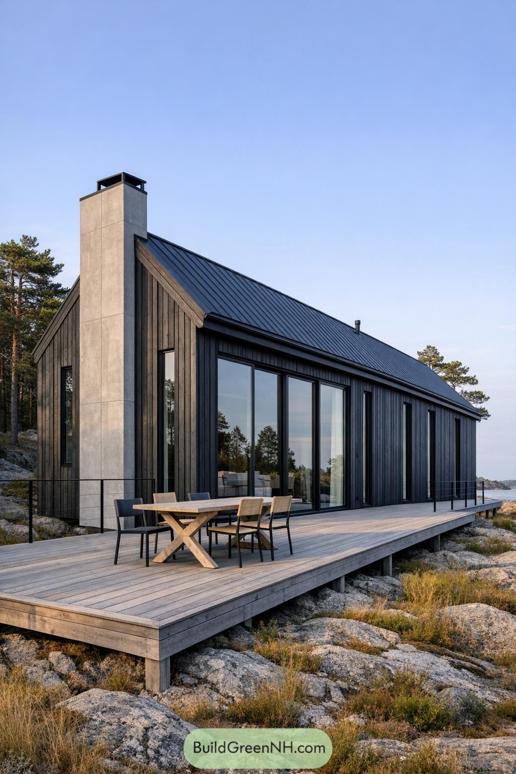 Black timber cabin with large deck on rocky shore