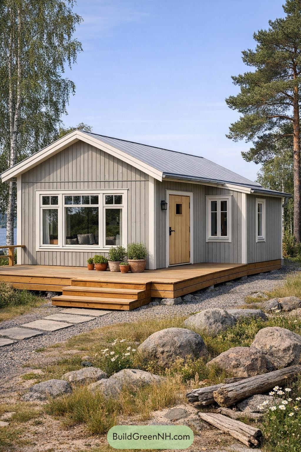 Compact gray wooden cottage with wraparound timber deck and large front windows set in a rocky, natural landscape