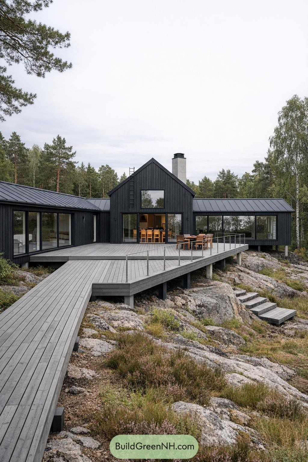 Dark timber summer house with wide grey deck stepping over rocky terrain