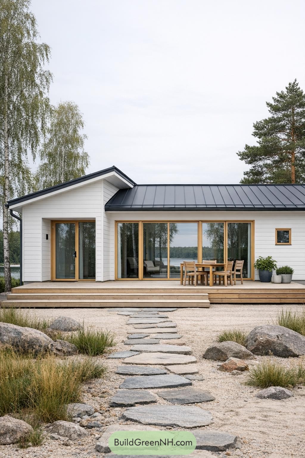 Modern white lakeside cabin with wood deck and large glass doors