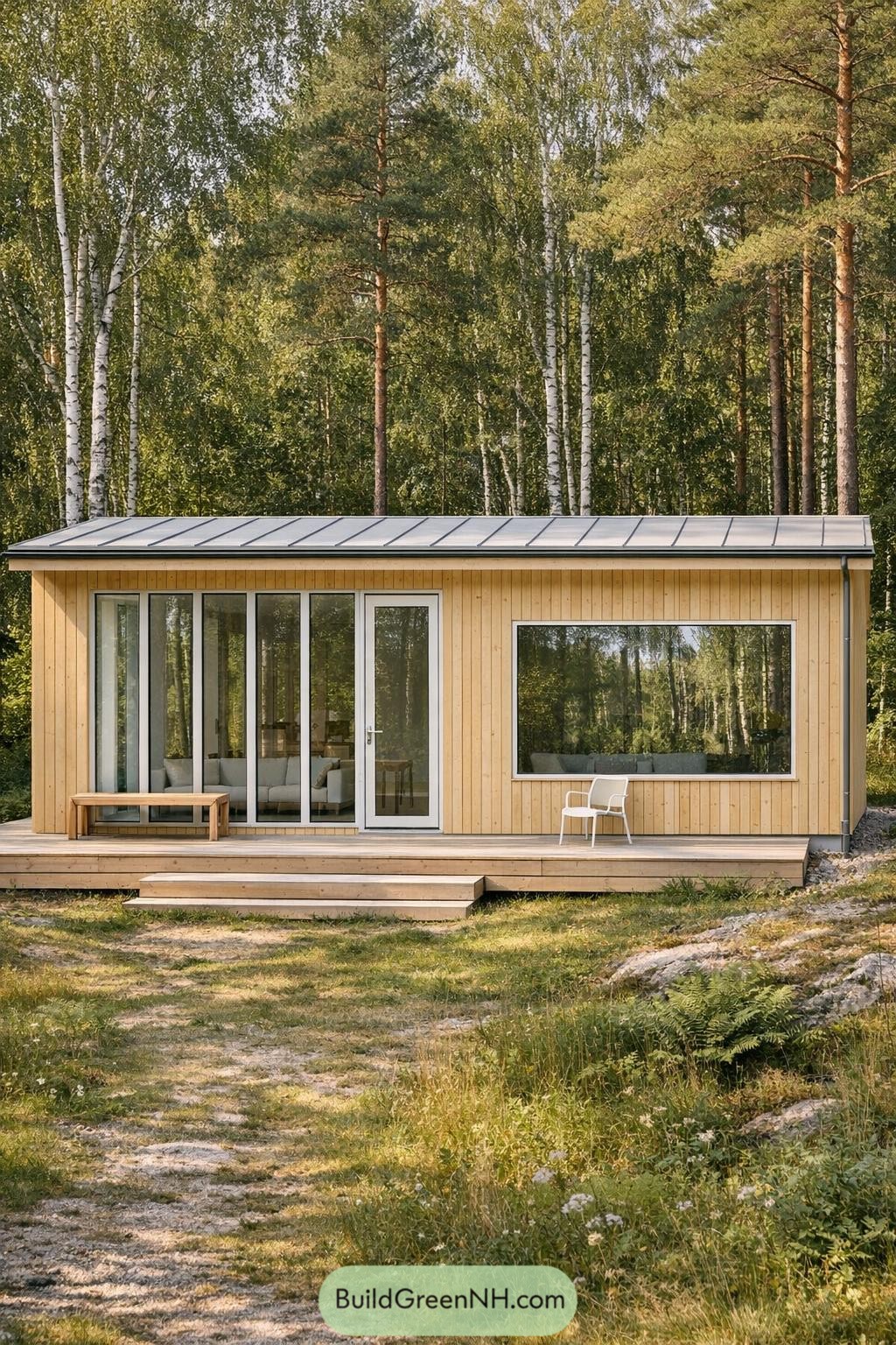 Compact blonde-wood cabin with wide deck and large glass openings facing a forest backdrop