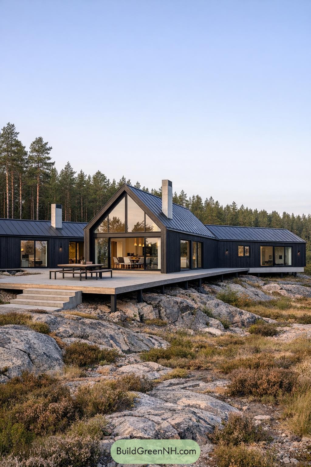 Modern black timber cabin with large glass gables and wraparound deck on rocky Scandinavian shoreline