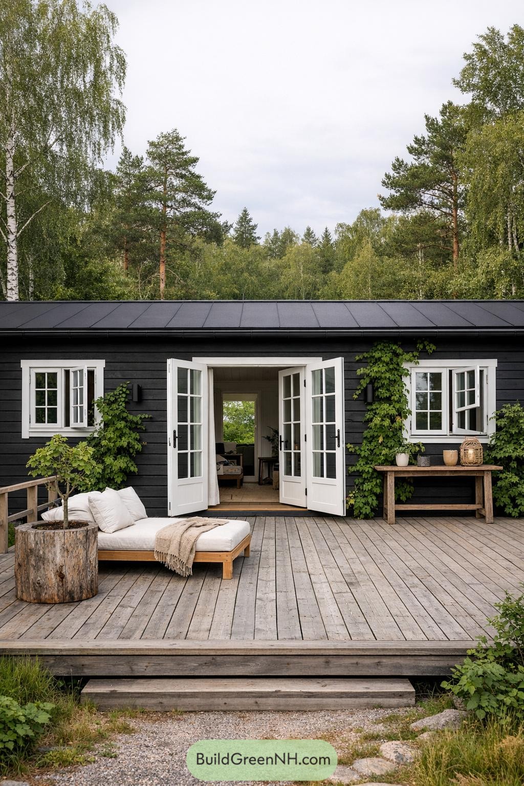 Black wood-clad cabin with white doors opening onto a wide wooden deck surrounded by forest