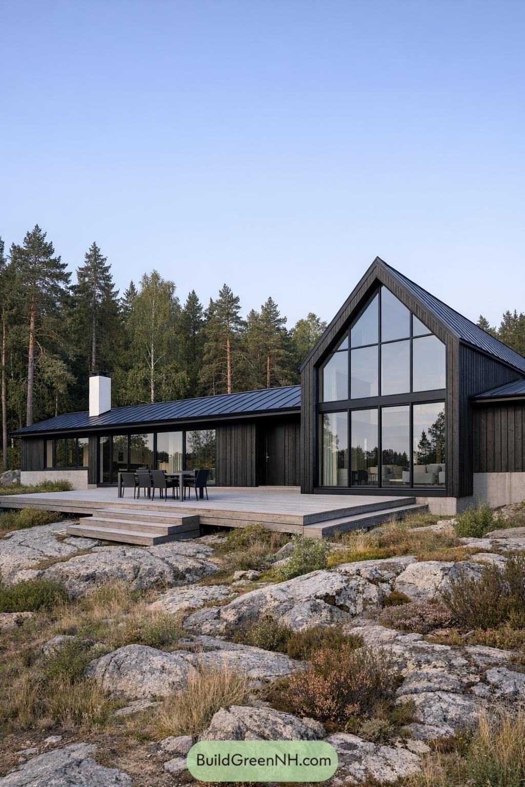 Dark timber cabin with large glass gable and wide deck set on rocky forest terrain