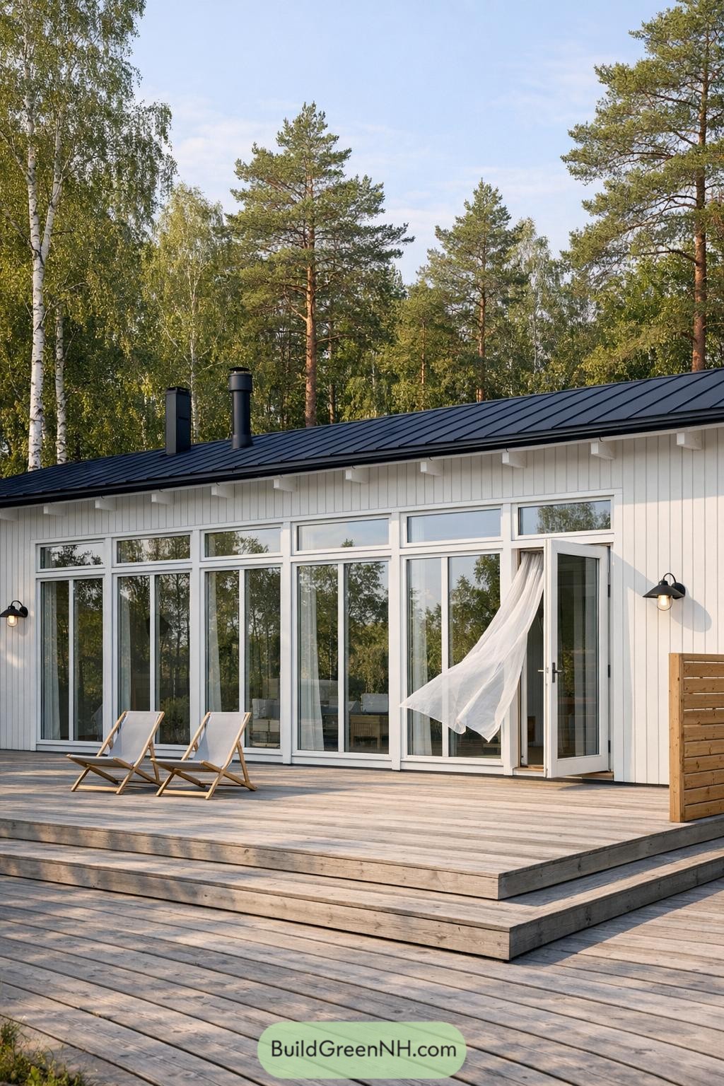 White Scandinavian cabin with full-height glass facade, wide wooden deck, and forest backdrop