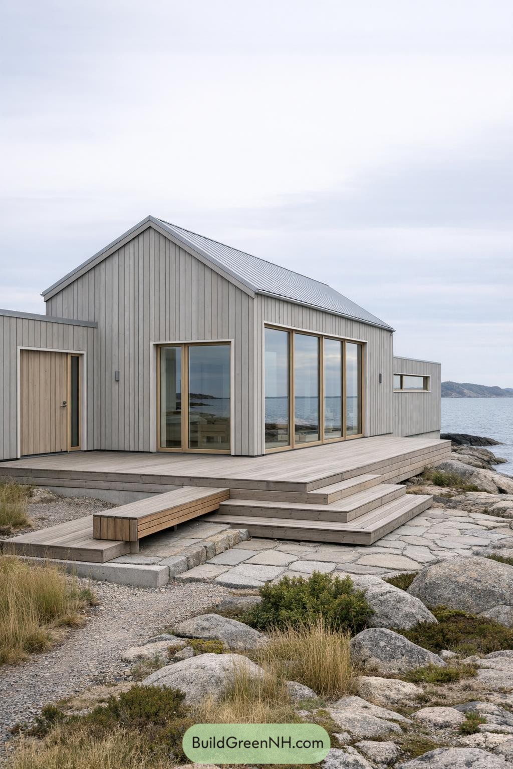 Minimalist gray timber cabin with broad deck overlooking rocky shoreline