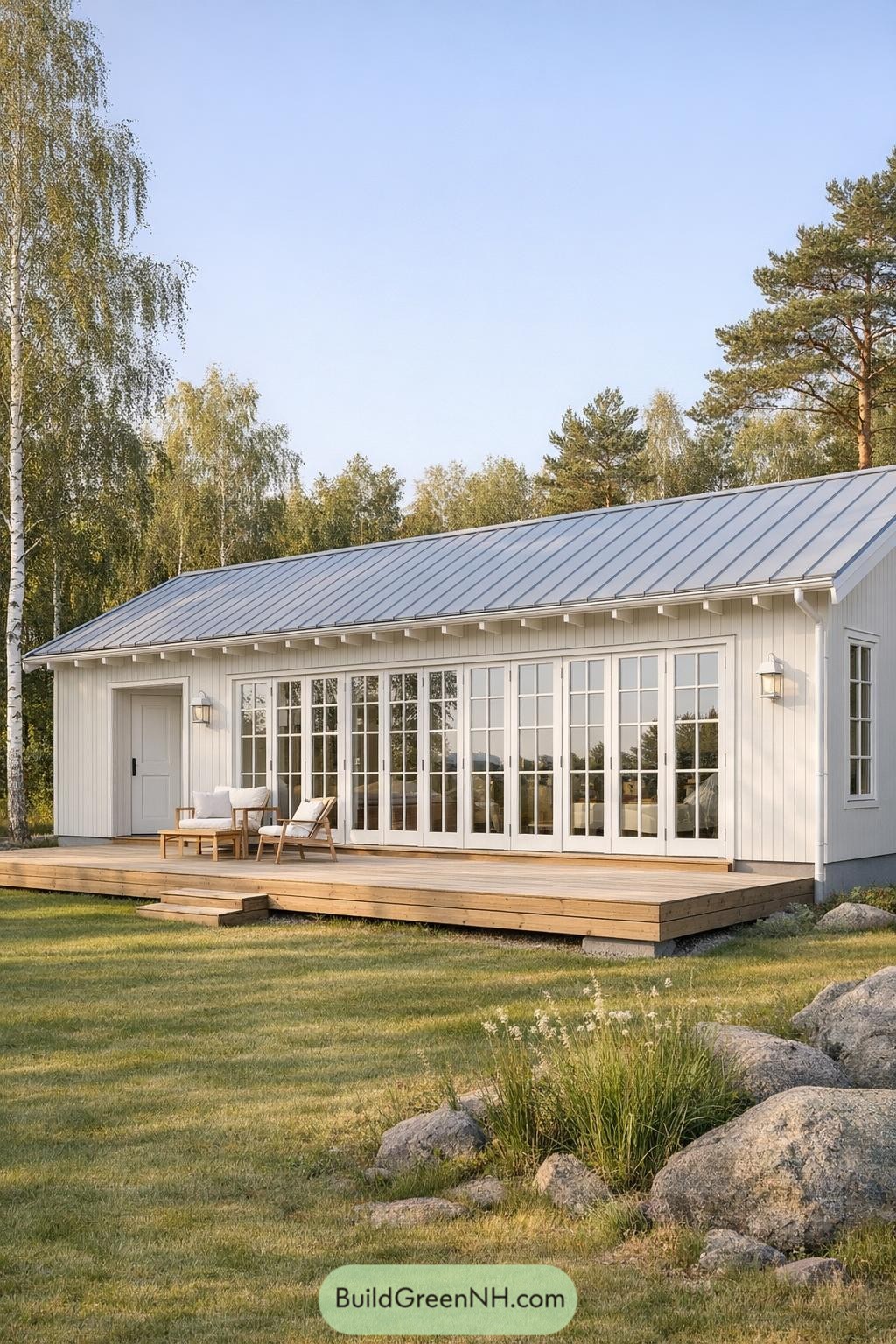 Light Scandinavian cabin with full glass façade and wide wooden deck
