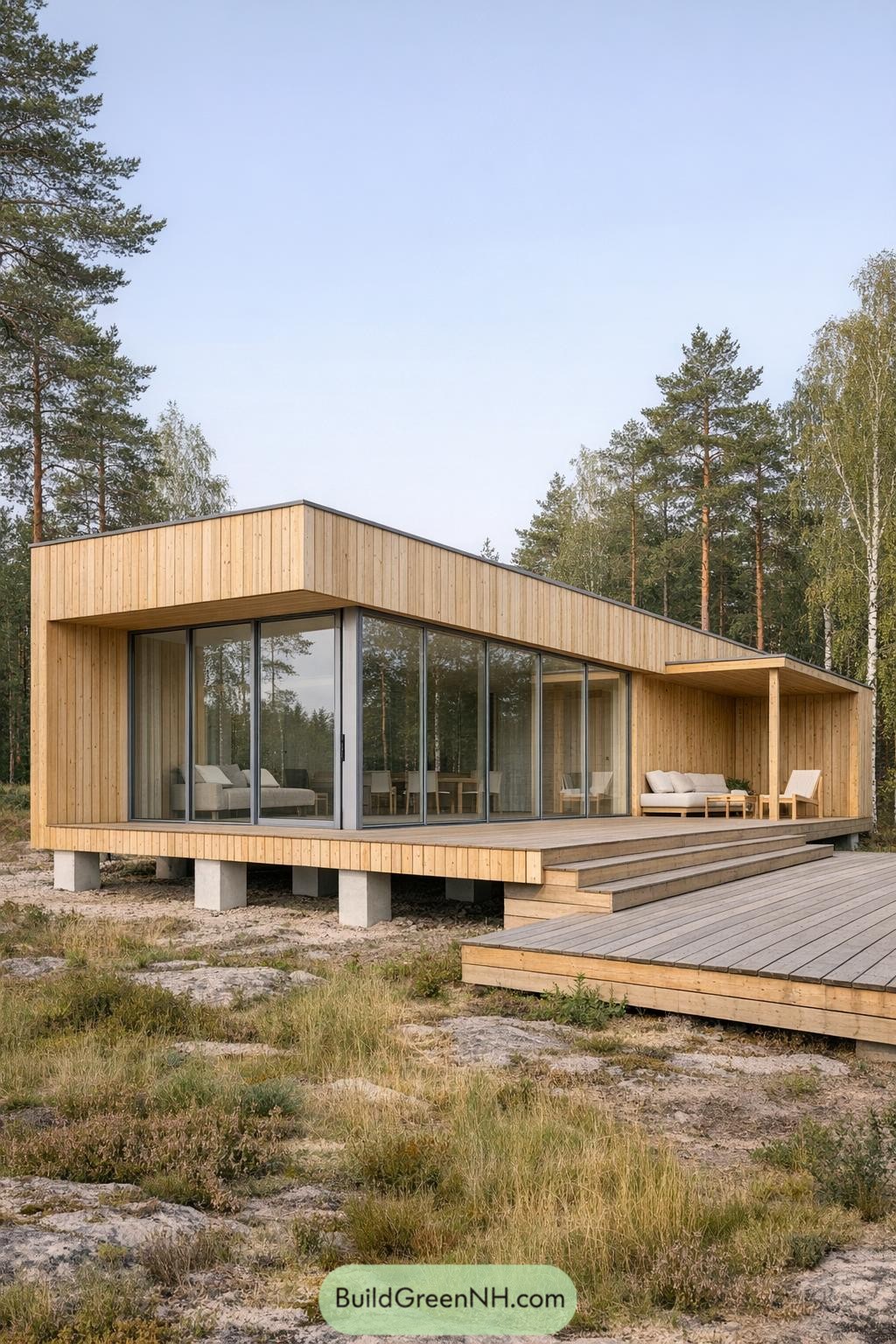 Minimalist timber summer house with full-height glass walls and wide deck in forest setting