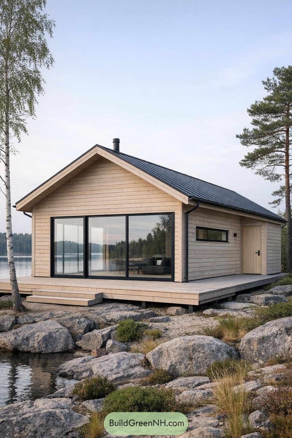 Small blond-wood cabin with big glass facing a rocky lakeshore