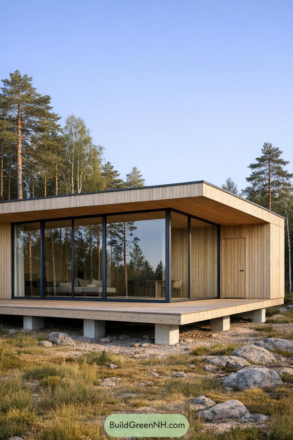 Minimalist wooden cabin with large glass walls