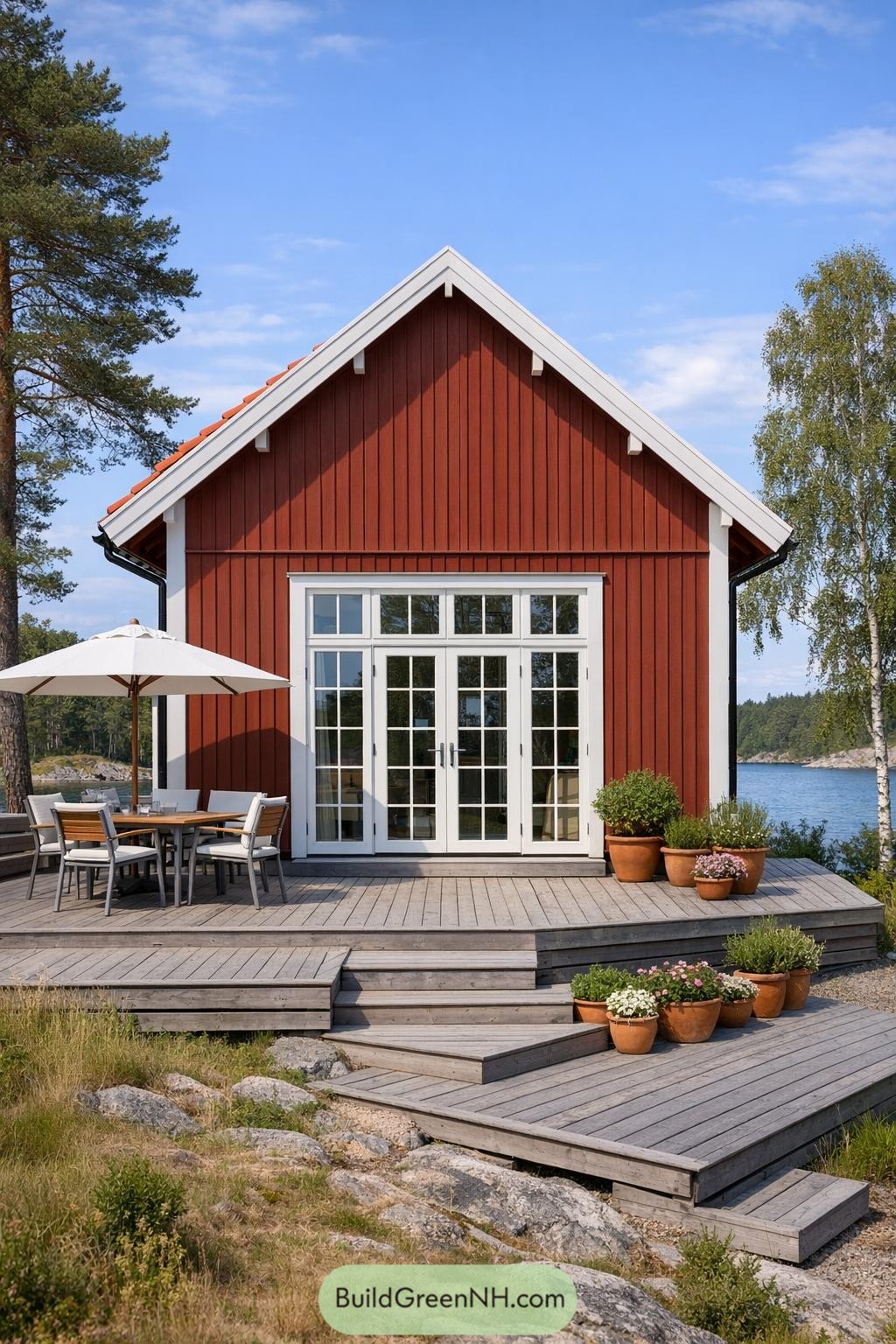 Red wooden cabin with white-framed glass doors opening onto a tiered gray deck by the water