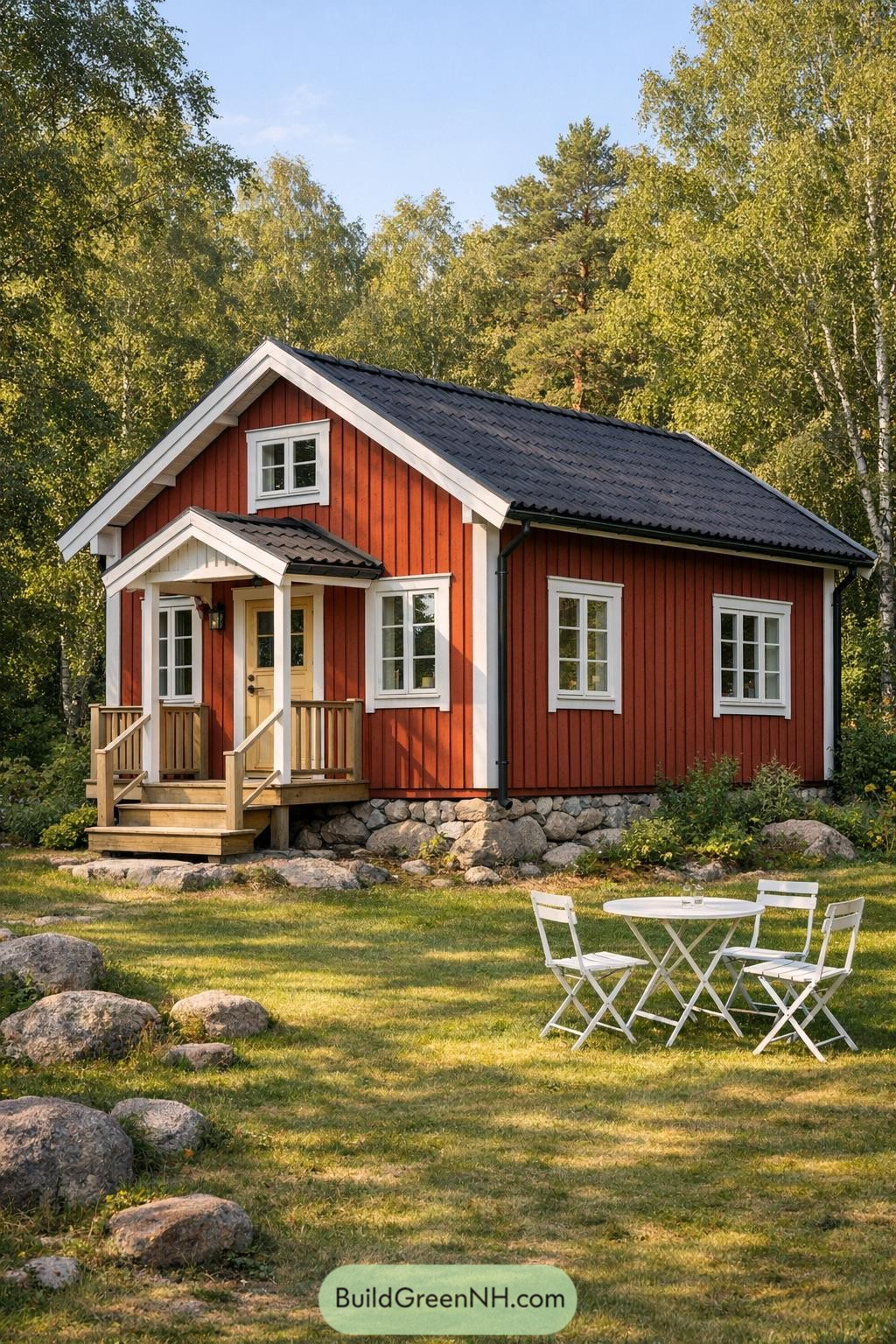 Red Scandinavian cottage with small front porch