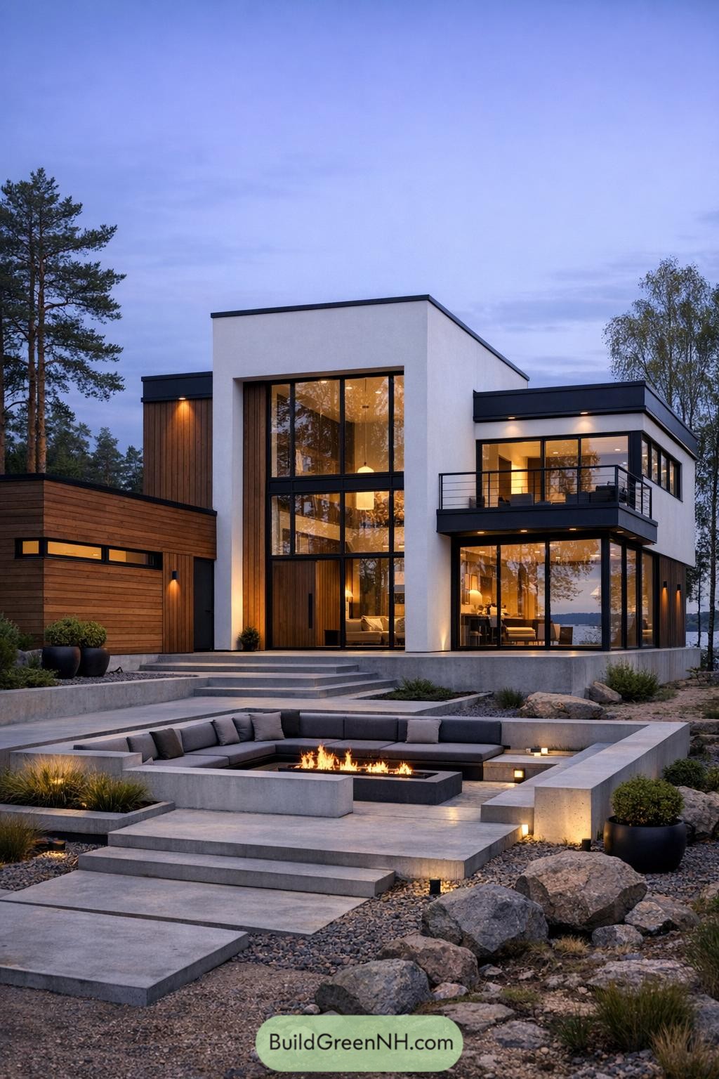 Scandinavian villa with large glass walls and sunken concrete fire pit courtyard