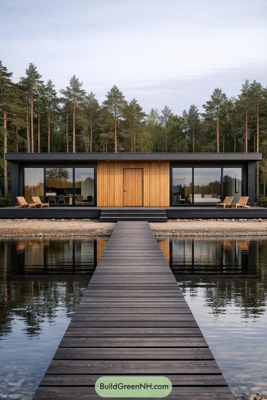 Minimalist black and wood lakefront villa with long pier