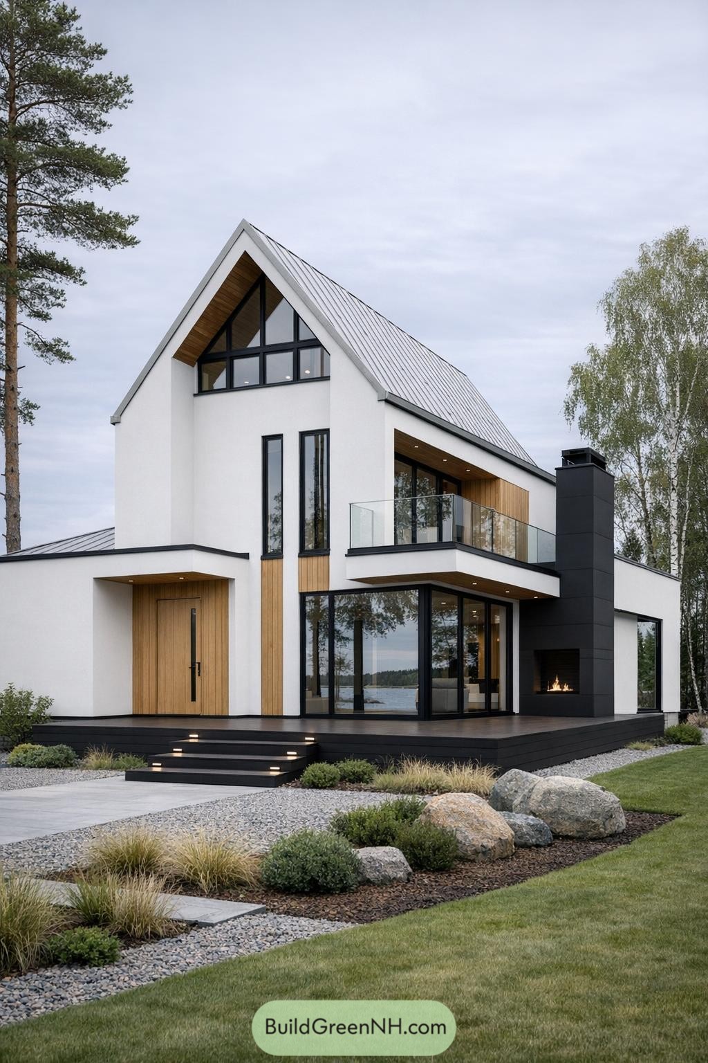 Modern white Scandinavian villa with tall gabled roof, wood accents, large windows, and outdoor fireplace overlooking water