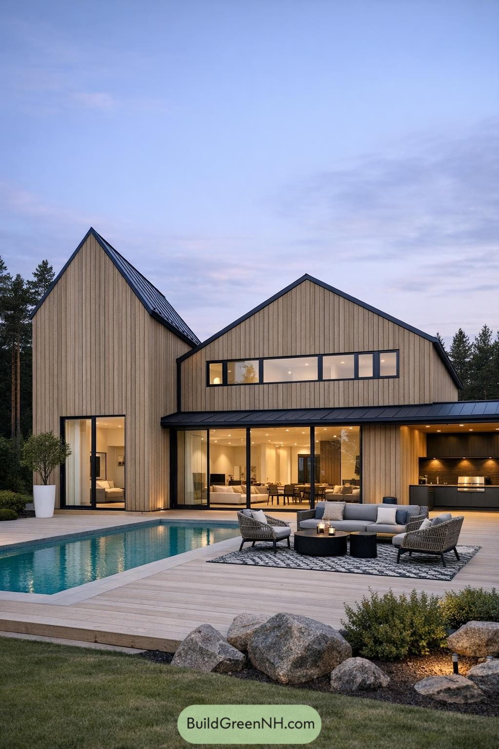Modern wood-clad villa with pool, deck, and large glass openings at dusk