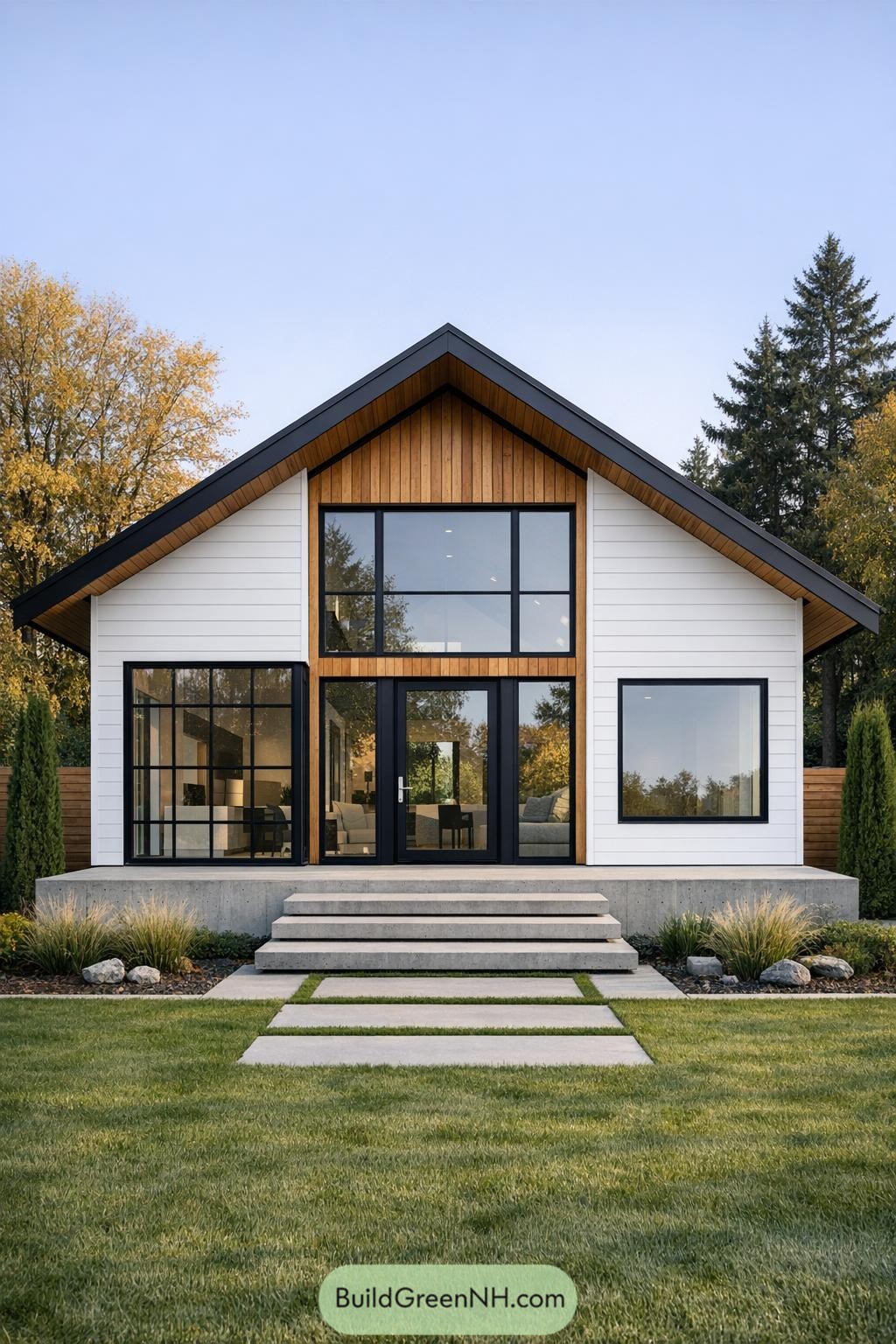 Modern Scandinavian gable house with black framed windows white siding and warm wood accents