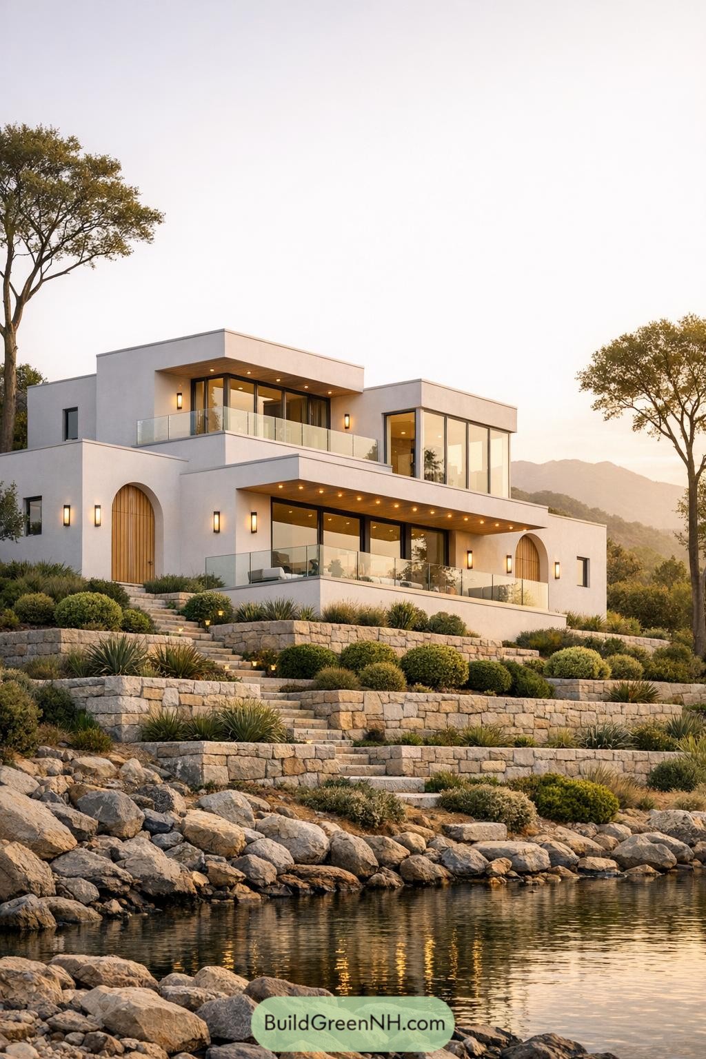 Modern white cubic villa with glass terraces stepping down landscaped stone tiers to a rocky waterfront