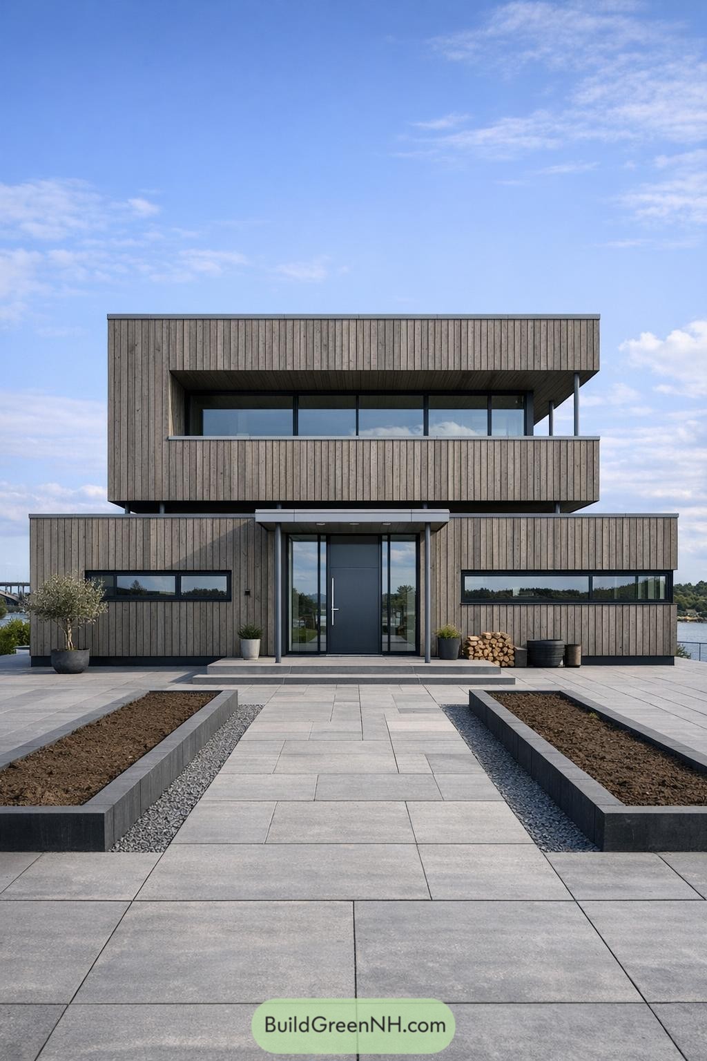 Modern boxy Scandinavian villa with vertical wood cladding, large windows, and a wide paved entry terrace by the water
