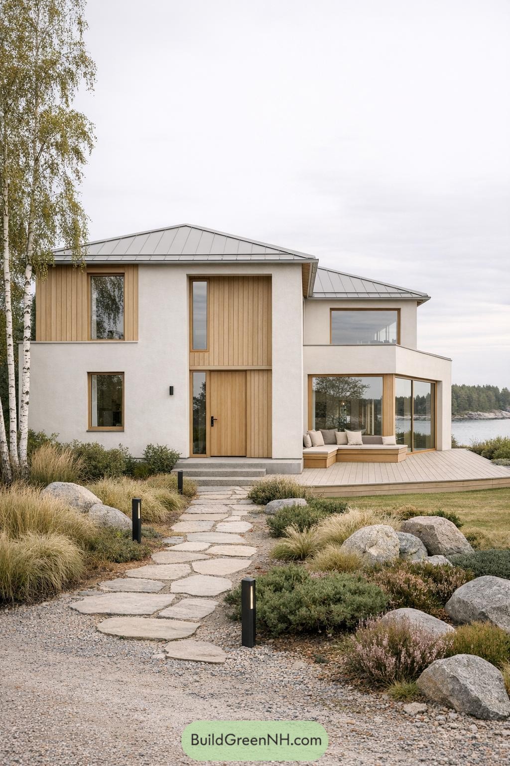 Two story Scandinavian villa with light wood accents large windows and a stone path leading to a waterfront deck