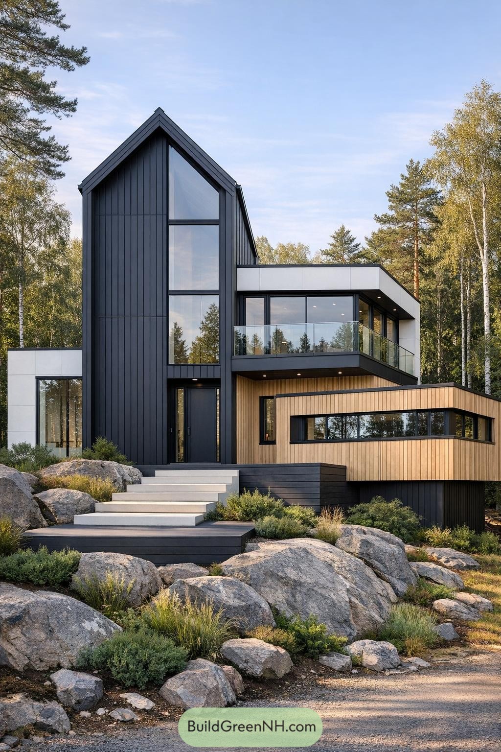 Modern Scandinavian villa with black cladding, warm wood accents, and large glass walls set among rocks and pines
