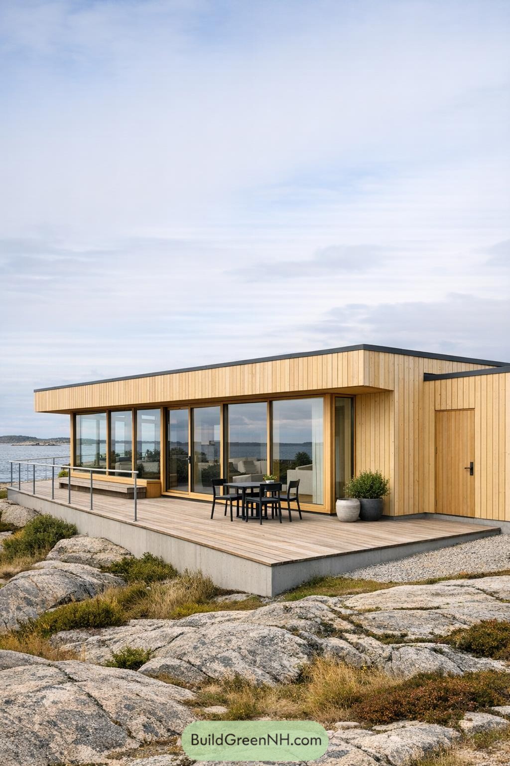 Single-story timber-clad villa with full-height glass facing rocky coastline and sea