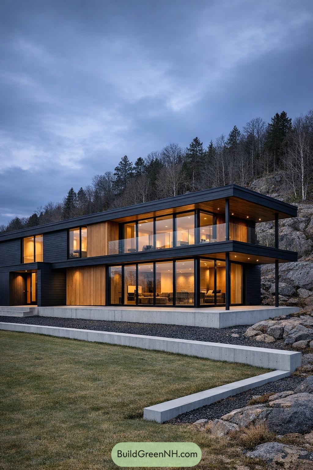 Modern black and wood villa with full-height glass facing a rocky hillside