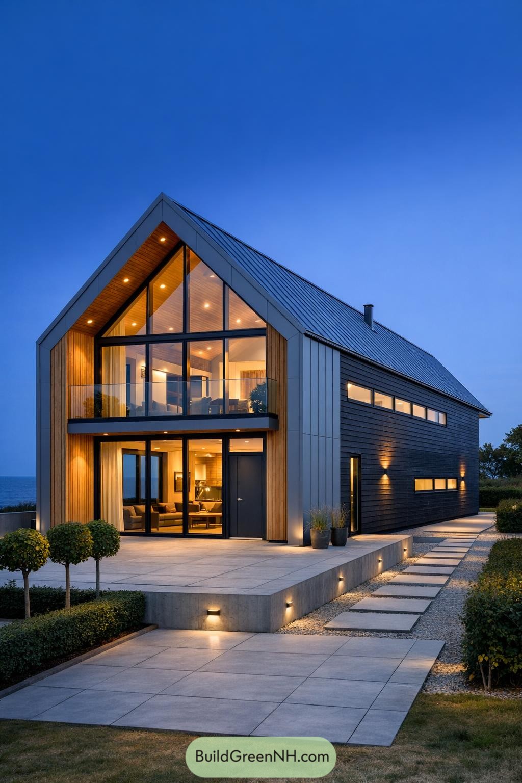 Modern Scandinavian villa with tall glass facade at dusk