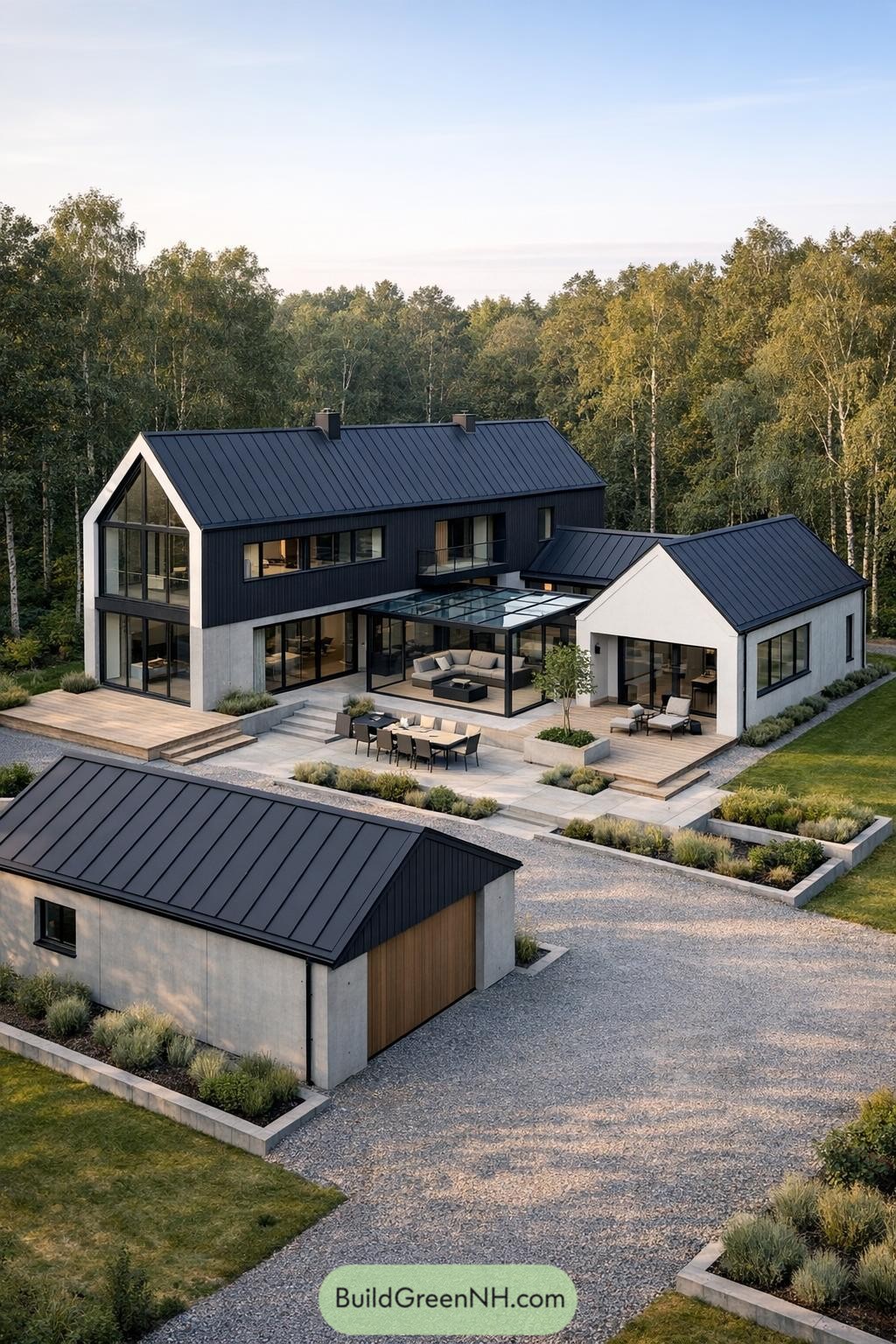 Modern Scandinavian villa with black metal roofs, glass-walled courtyard, and detached garage set in a forest clearing