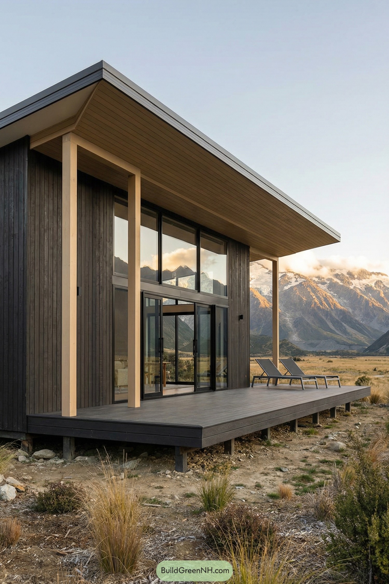 Modern dark-wood cabin with tall glass façade and wide deck facing mountains