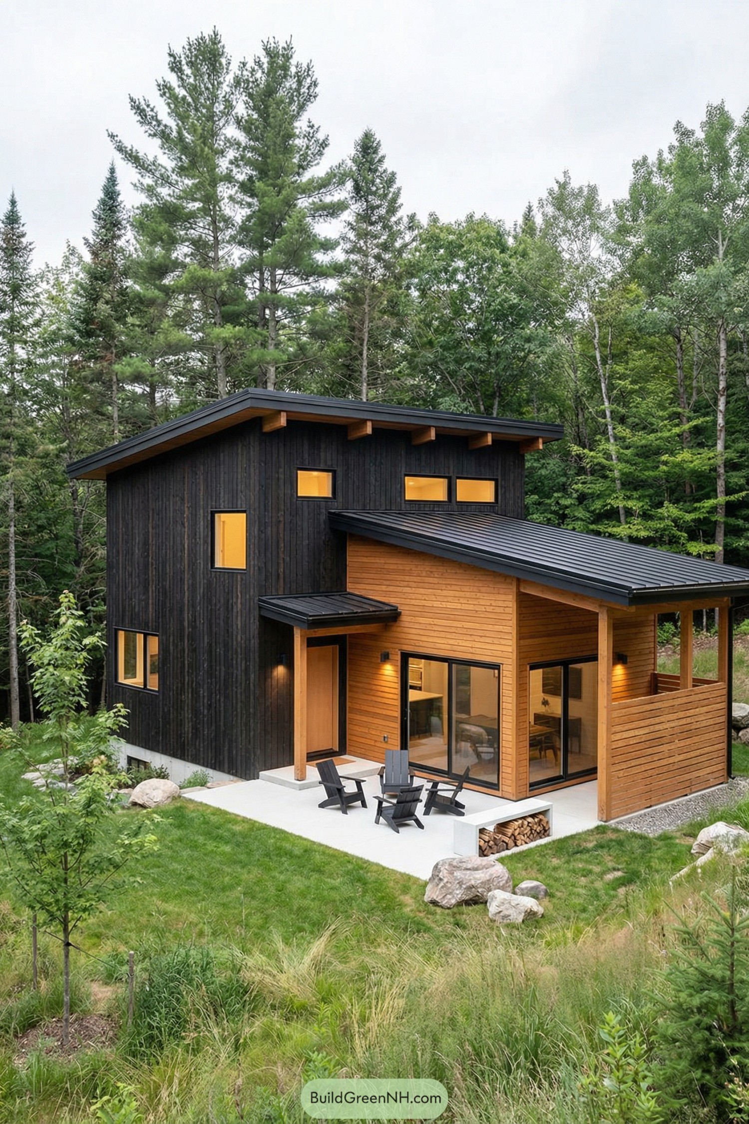 Modern black and natural wood cabin with sloped roofs, large windows, and a small patio set in a green forest clearing