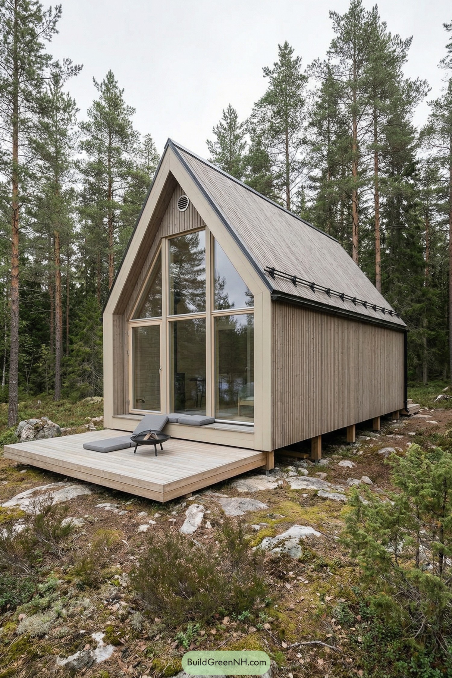 Small timber cabin with steep roof, full-height windows, and a simple deck set in a forest