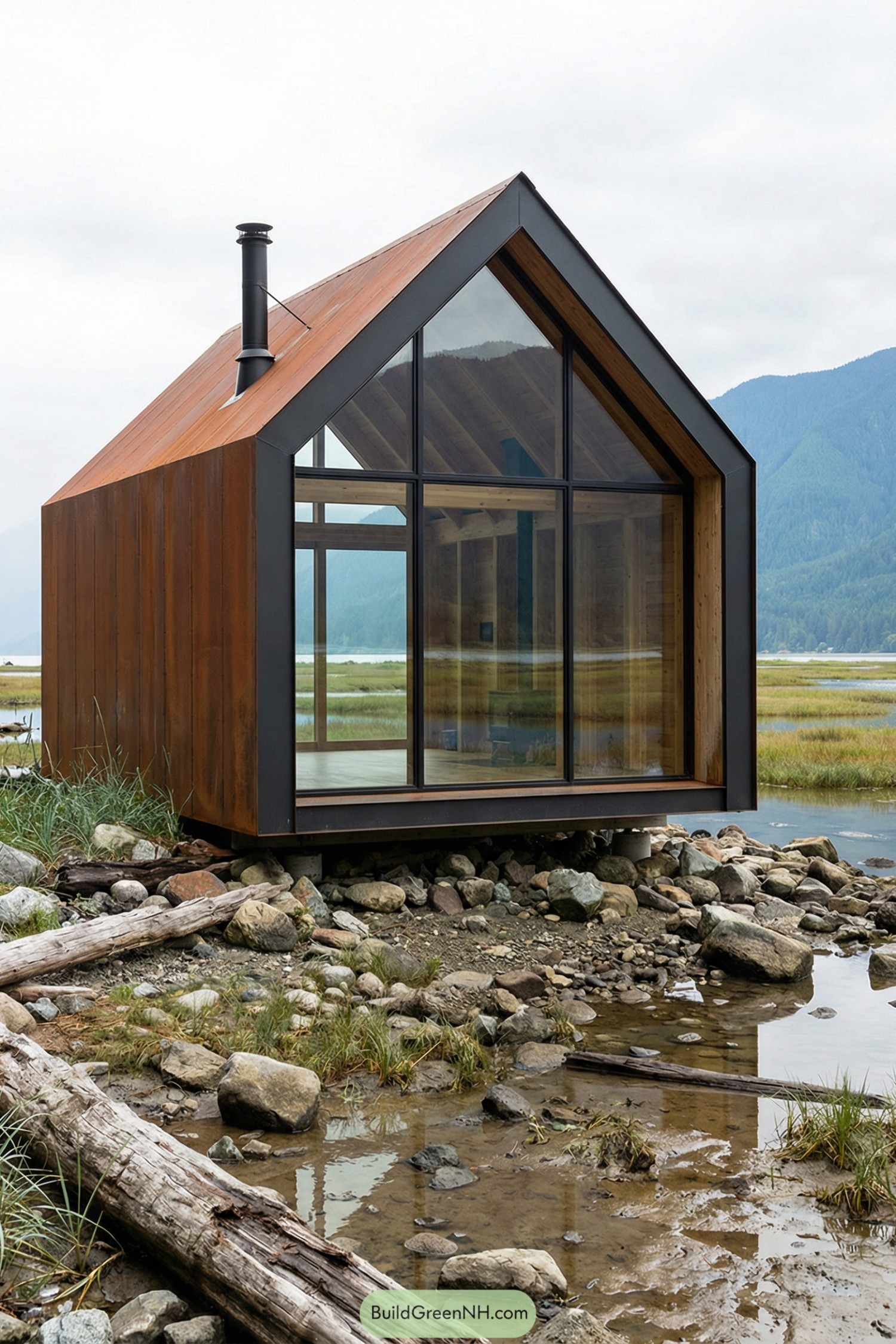 Small rust-toned cabin with full glass front perched on rocks beside a marshy shoreline