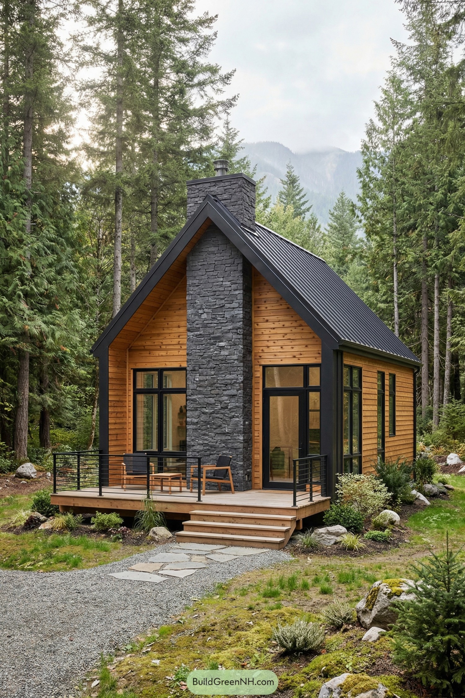 Modern wood cabin with tall stone chimney and black metal roof set in a dense forest