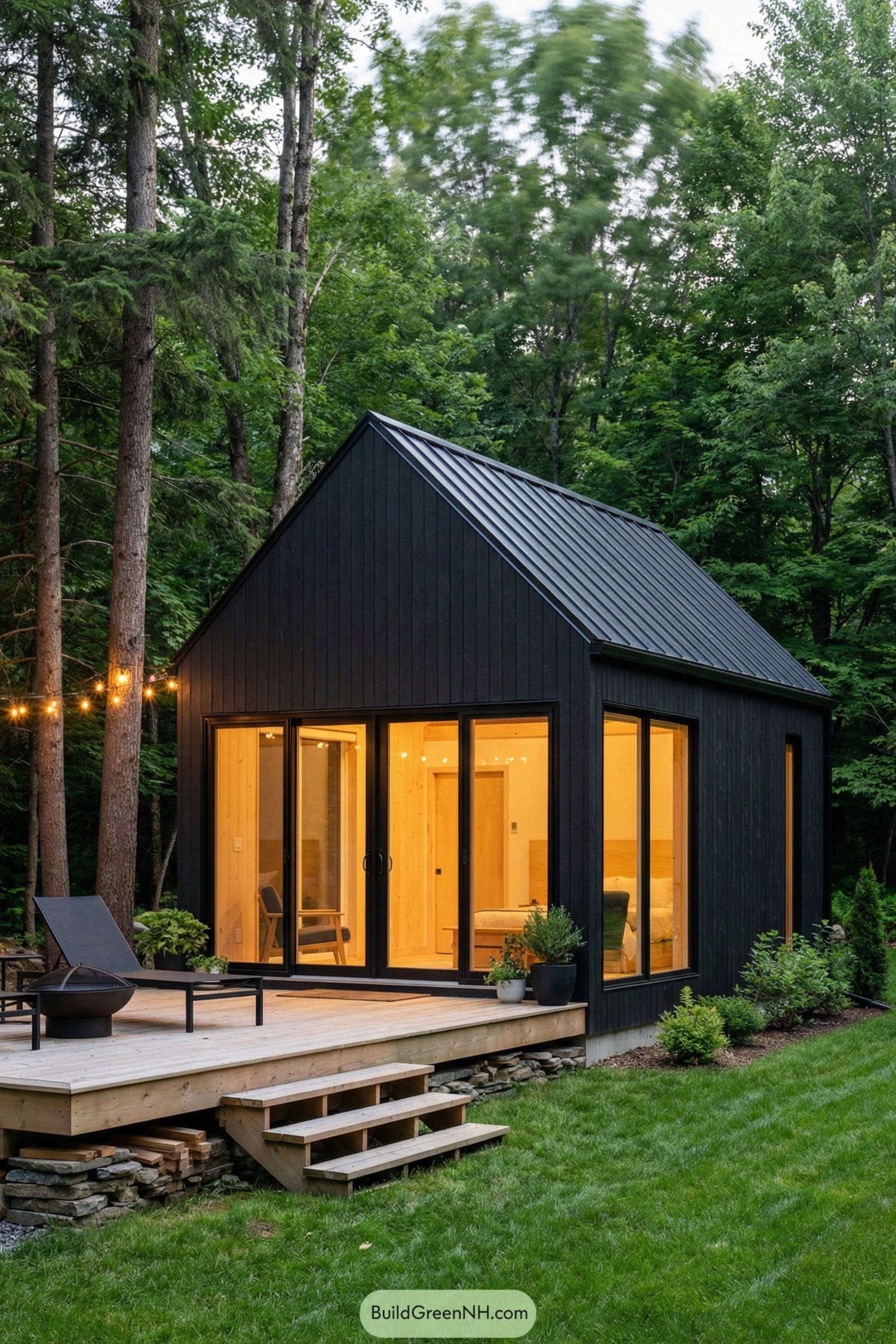 high-res photo of small cabin modern, compact rectangular volume with steep gable front, minimalist black vertical cladding, warm interior glow visible through large glazed openings, facade in matte charcoal-black wood siding with simple clean lines, natural light wood trim subtly visible inside, colors dominated by black exterior, pale warm wood interior, soft amber lighting, and lush deep-green surroundings, shape of the structure is narrow and elongated with full-height front wall and continuous gable roof, materials of the building include vertical timber boards, large aluminum-framed glass panels, and exposed light-toned timber deck platform, roofing is standing-seam metal in dark graphite with sharp clean edges, windows are floor-to-ceiling sliding glass panels and fixed panes in slim black frames forming nearly full-width glazed facade, door style integrated as sliding glass door within the window wall, outdoor area includes a low elevated wooden deck in pale unfinished timber, simple timber steps made of stacked stones and planks, black metal lounge chair, round black metal fire bowl, hanging string lights wrapped around nearby tree trunks emitting warm bokeh, landscaping features neatly mown bright-green grass lawn, small shrubs and potted flowers near the deck, surrounding background is dense forest with tall slender conifer and deciduous trees, layered foliage enclosing the cabin, distant tree canopy softly blurred, early evening ambiance with subtle sky light and strong warm cabin glow, real-life photo, high-resolution, architectural photography, soft lighting, cinematic composition