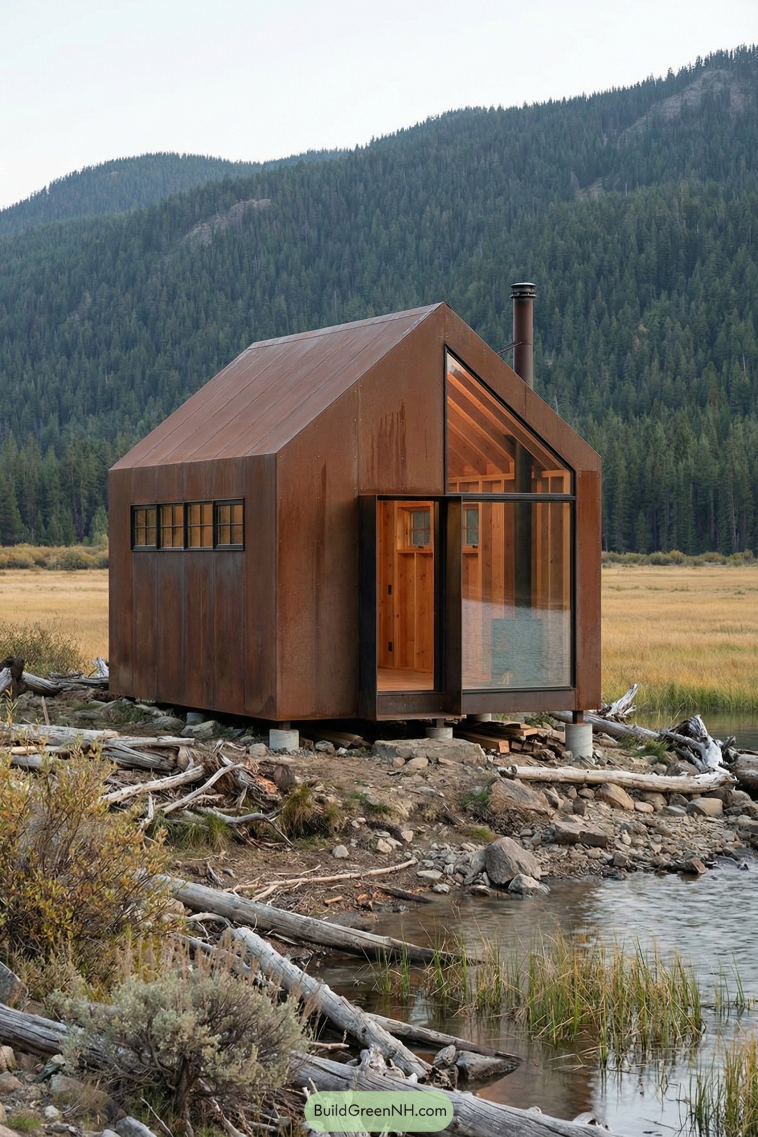 Small corten steel cabin with glass front facing a creek and forested mountains