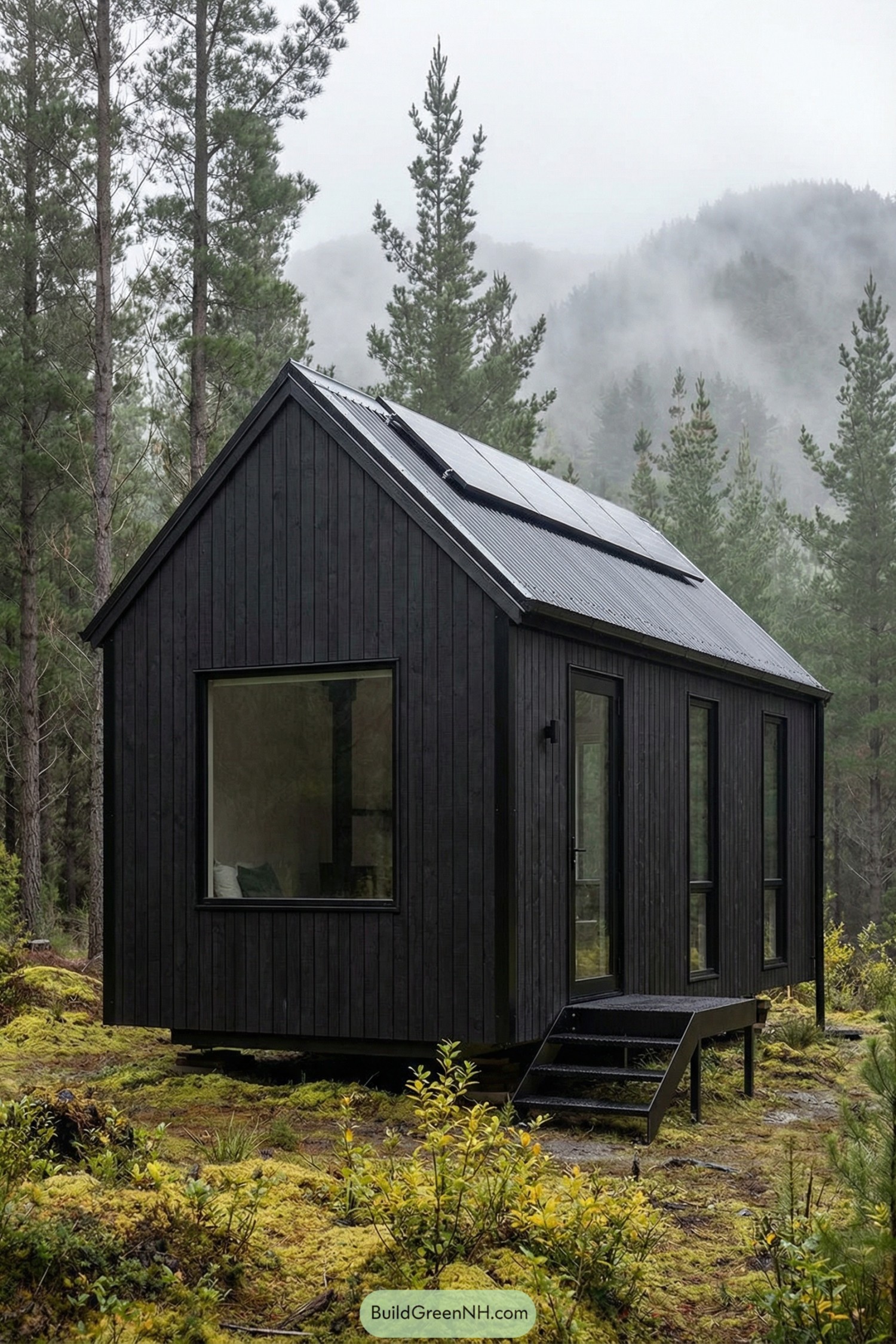 Small black timber cabin with solar panels in a misty forest