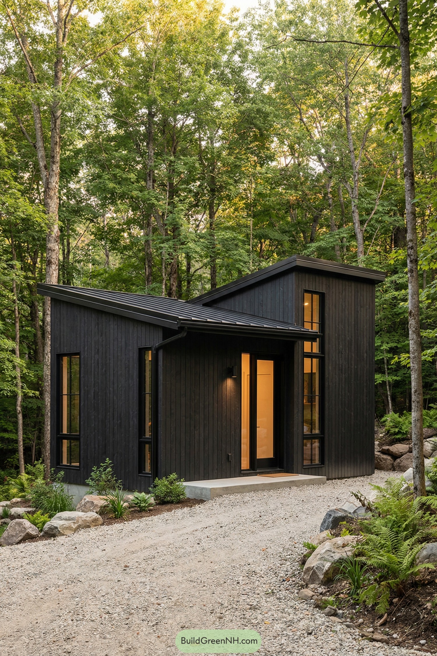 Dark charcoal cabin with staggered shed roofs and tall windows nestled in a lush green forest