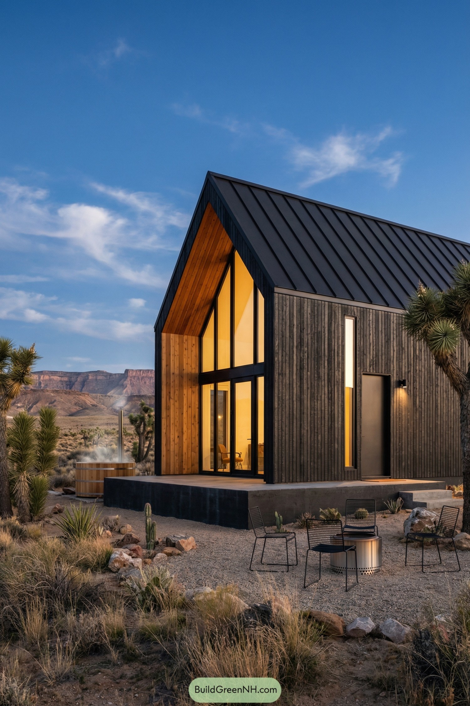 Modern black clad cabin with tall windows in a desert landscape