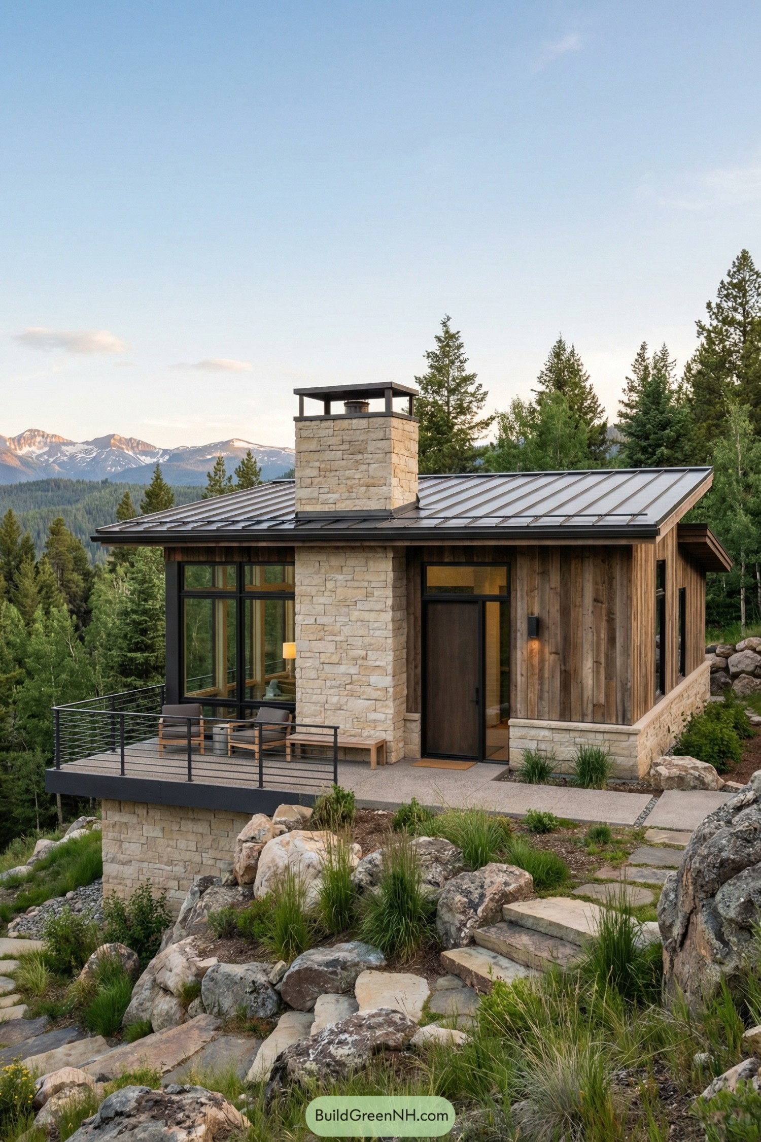 Modern stone and wood cabin with metal roof perched on a rocky hillside above a forested valley