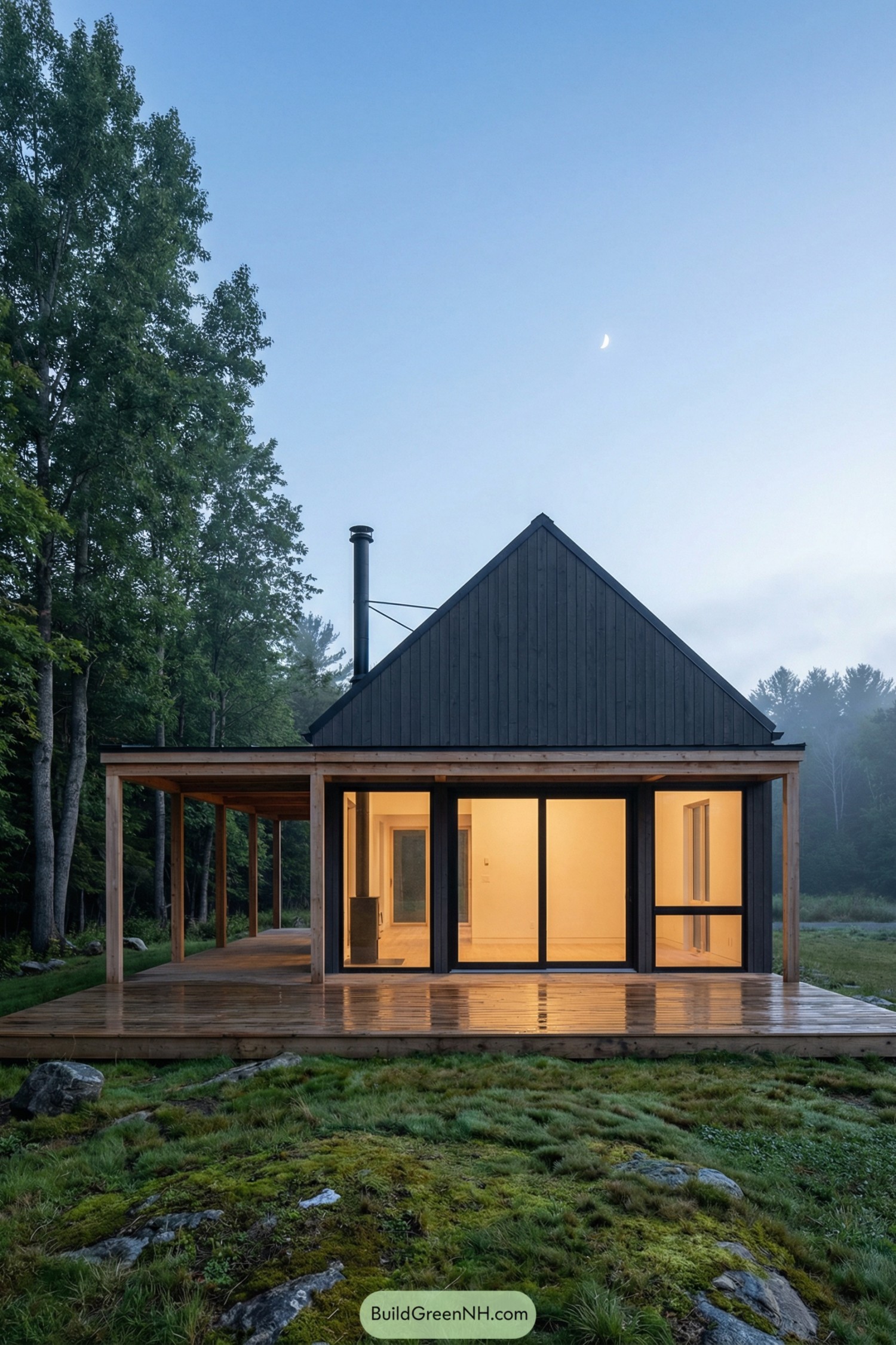 Compact black cabin with warm glowing interior and wraparound timber deck set beside a forest clearing at dusk
