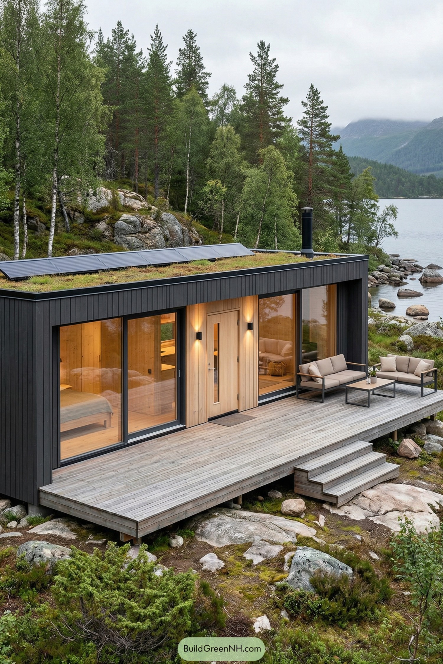 Modern black-clad cabin with green roof and large glass openings overlooking a rocky lakeshore