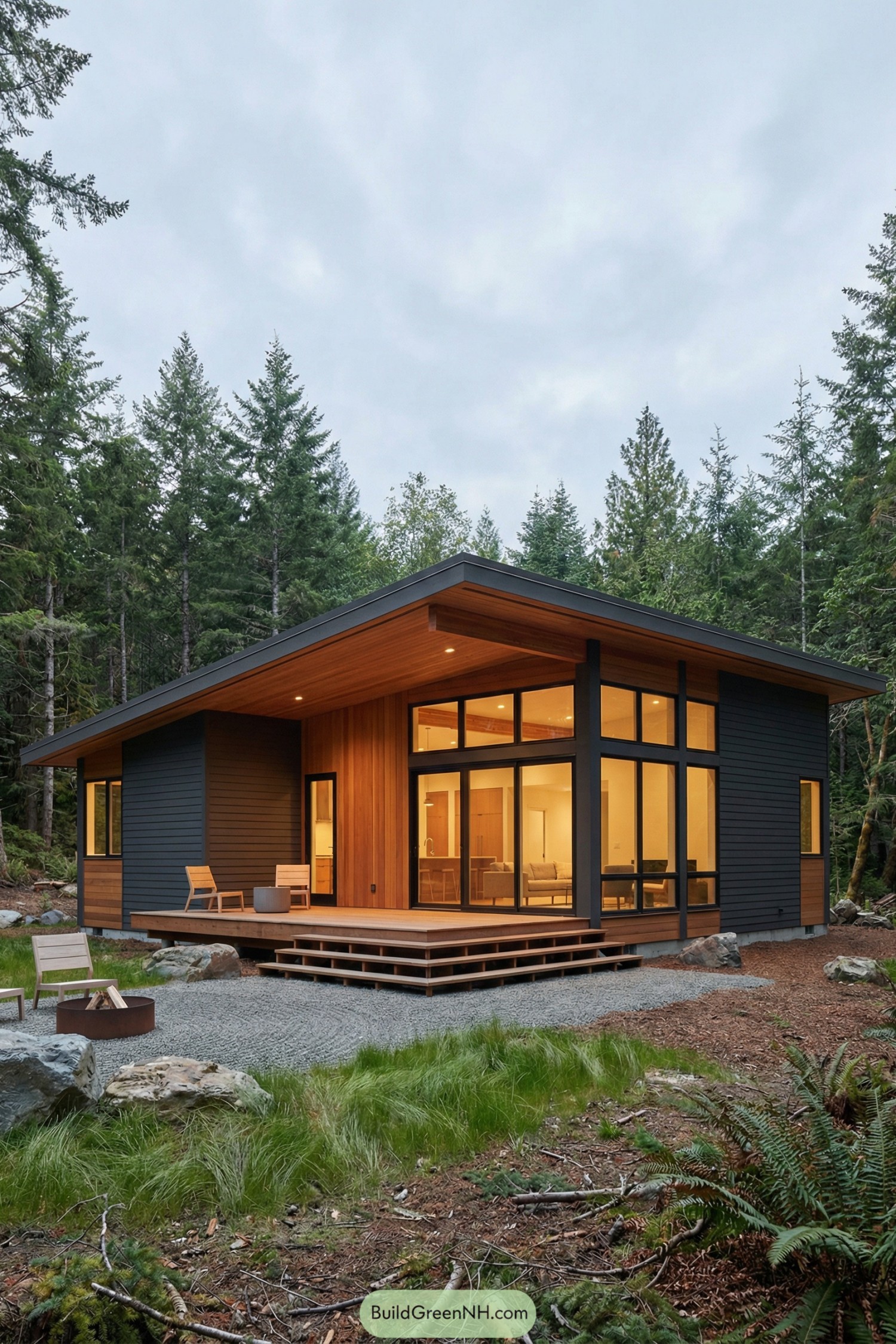 Modern forest cabin with dark siding large windows and warm cedar accents